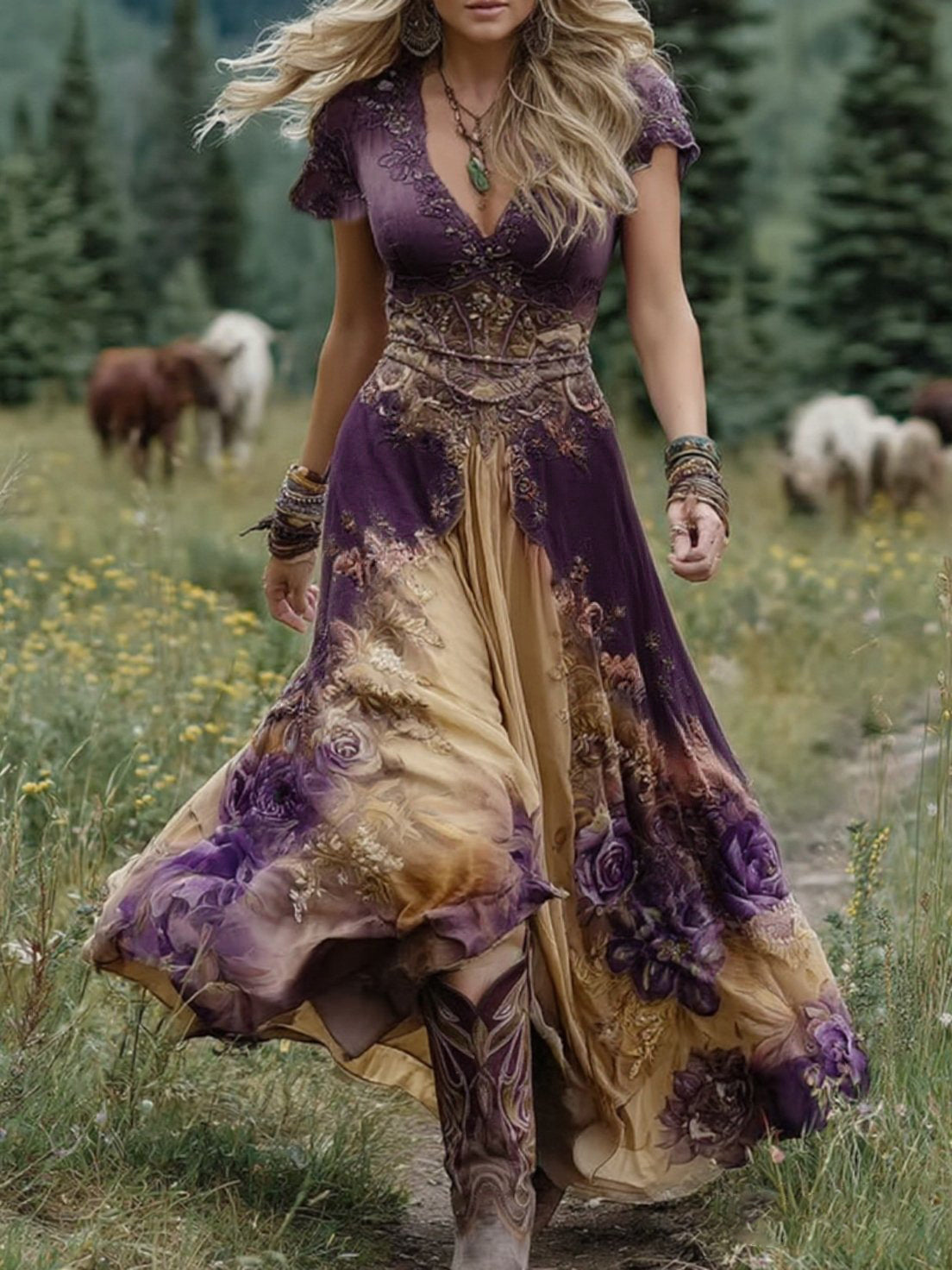 Κομψό, κοντό, μωβ και λεβάντα φόρεμα με φλοράλ μοτίβο.-LT