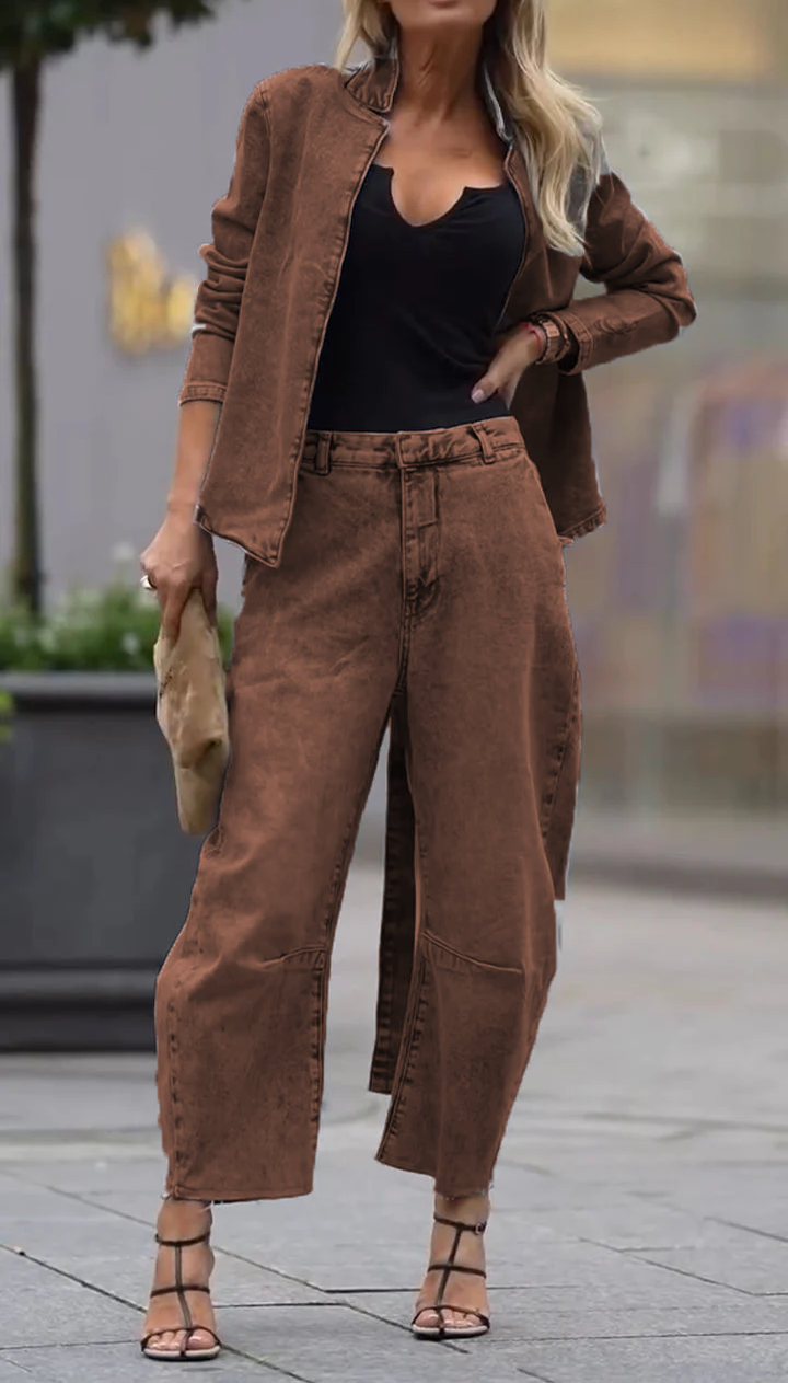 Moteriškas apvalios iškirptės paltas ir kelnės laisvalaikio komplekte-LT