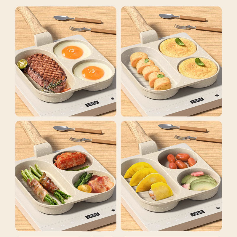 3 viename pusryčių keptuvė – nelimpanti, tolygiai paskirstanti šilumą, taupanti laiką-LT