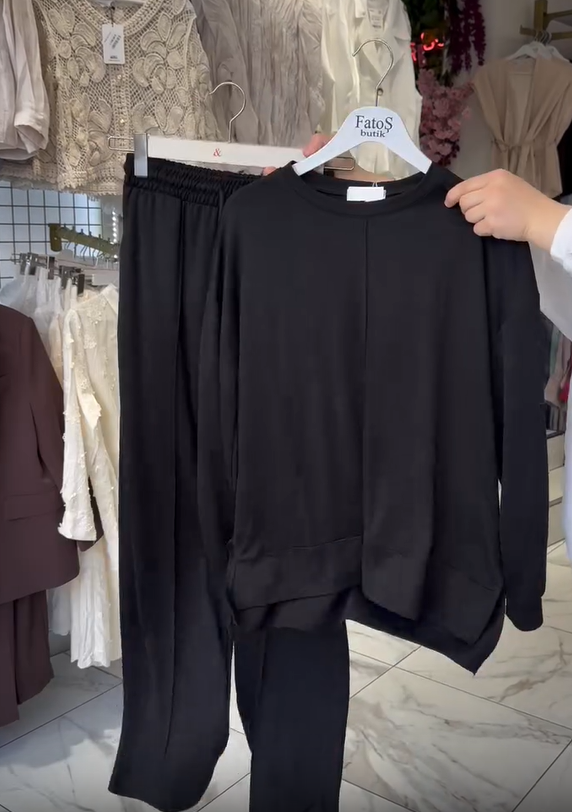 Moteriškas medvilninių kelnių komplektas ilgomis rankovėmis apvaliu kaklu-LT