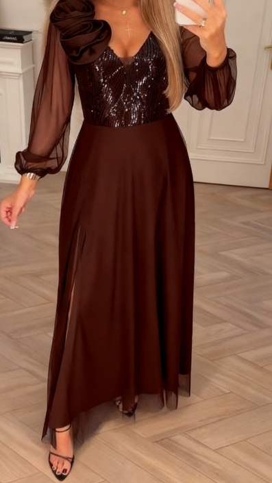 Suknelė su nėriniuotomis rankovėmis, blizgučiais ir gėlių dekoracijomis.-LT