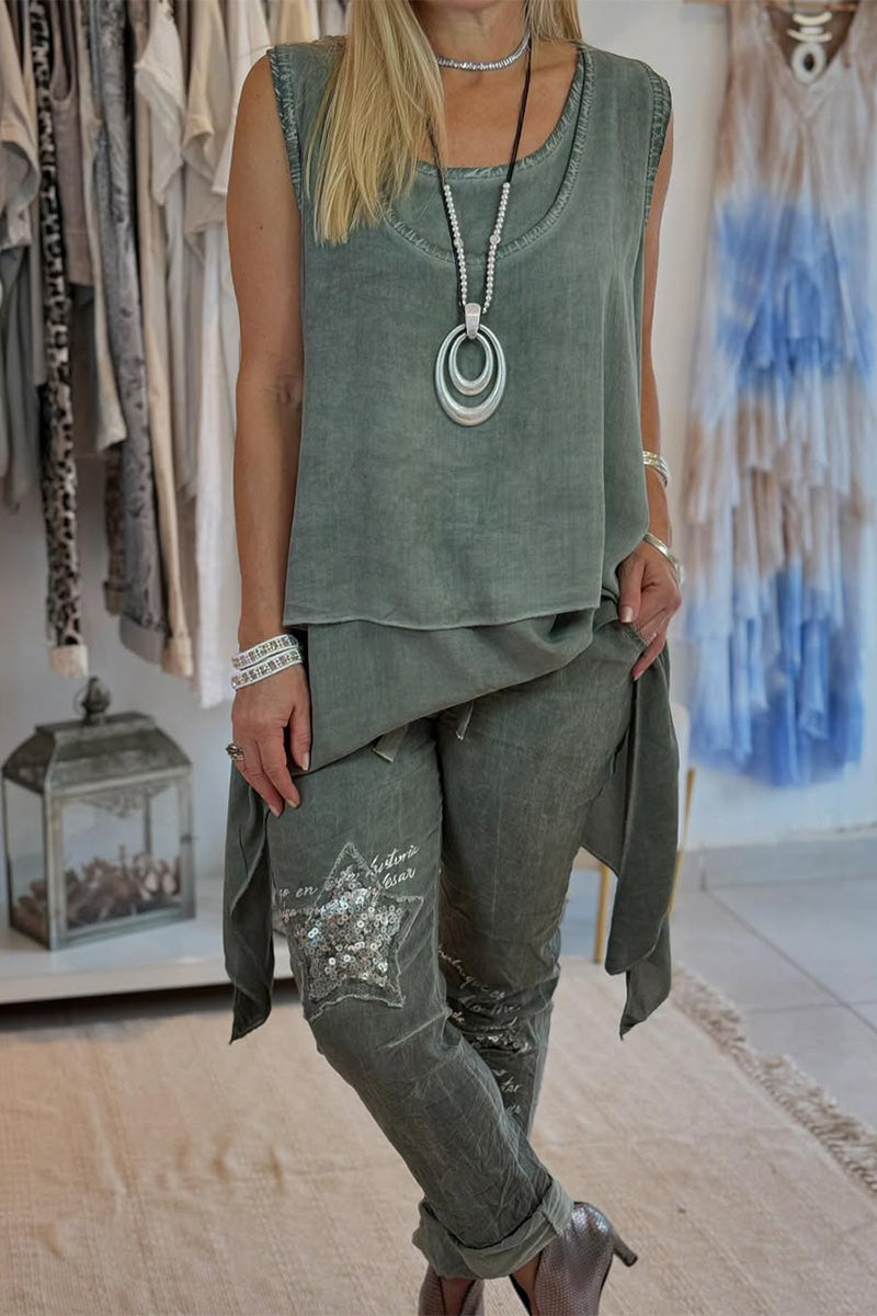 Γυναικείο ακανόνιστο μονόχρωμο μονόχρωμο στρογγυλό αμάνικο παντελόνι με εμπριμέ διπλό κάτω μέρος-GR