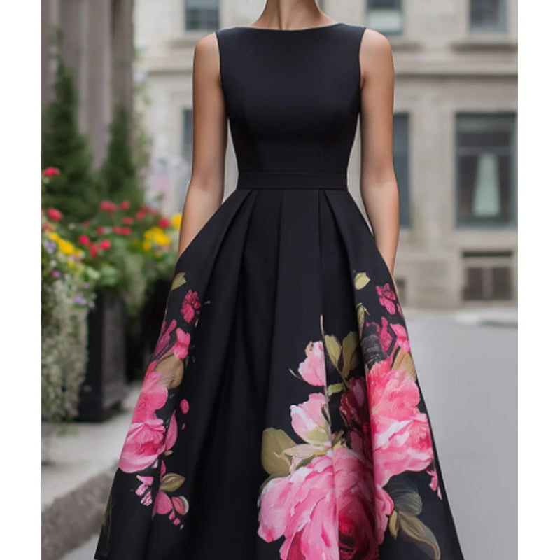 🌸Elegancka, bezrękawa, sukienka midi w kształcie litery A z kwiatowym nadrukiem👗❤️