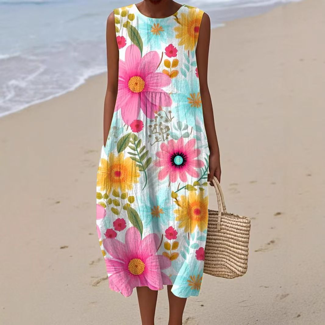 Moteriška vasarinė suknelė be rankovių su apvalia iškirpte-LT