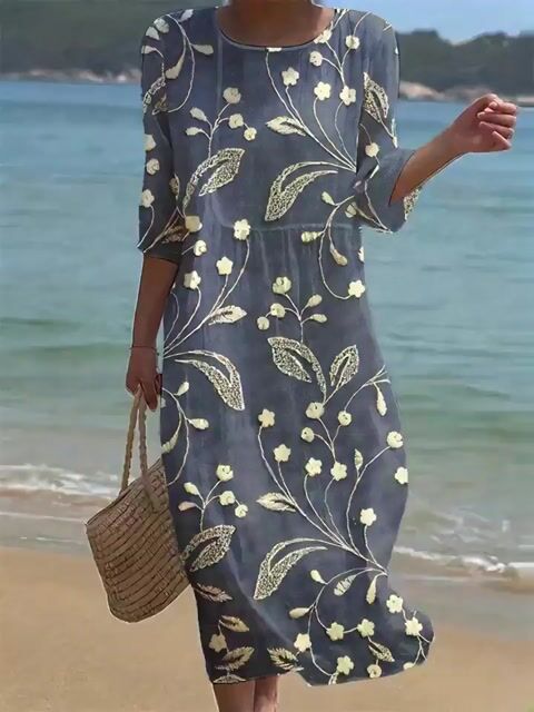 Moteriška vienspalvė apvali kaklo pusė gėlėto medvilnės ir lino suknelė-LT