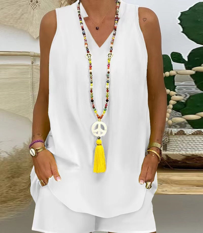 Elegantná dvojdielna súprava: krátky rukáv výstrih do V + šortky-SK