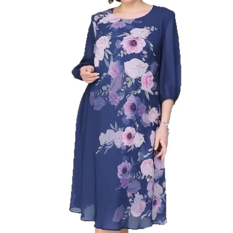 Elegantiška gėlėto rašto šifono suknelė su apvalia iškirpte-LT