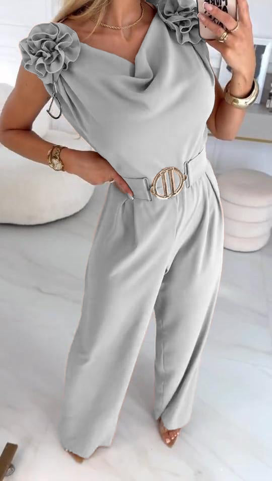 Moteriškas vasarinis kombinezonas be rankovių su 3D gėlių raštu ir V formos iškirpte-LT