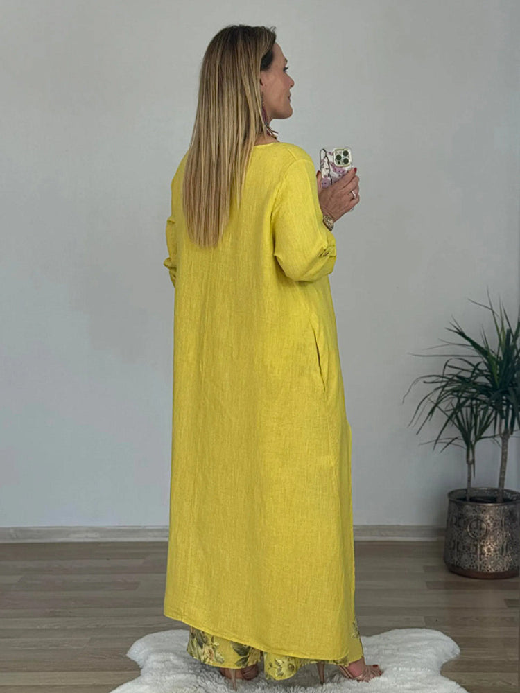 Ležérny nepravidelný top a nohavice so širokými nohavicami z bavlny a ľanu-SK