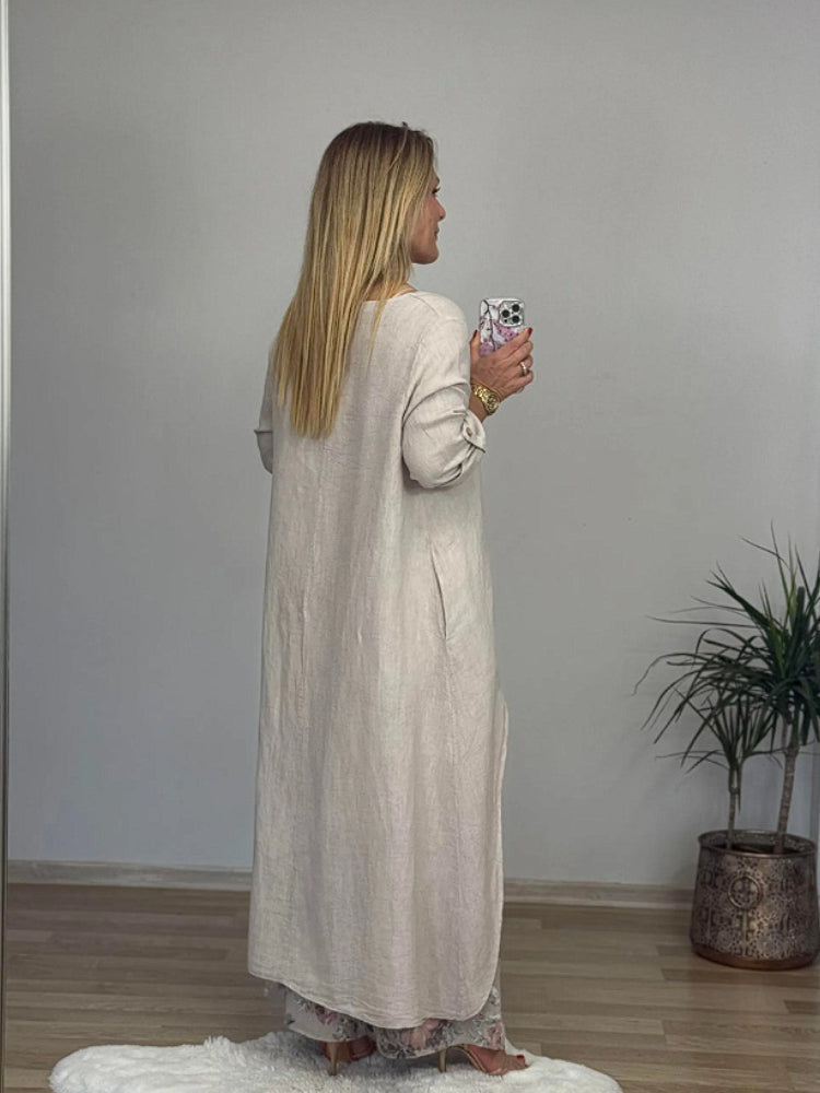 Ležérny nepravidelný top a nohavice so širokými nohavicami z bavlny a ľanu-SK