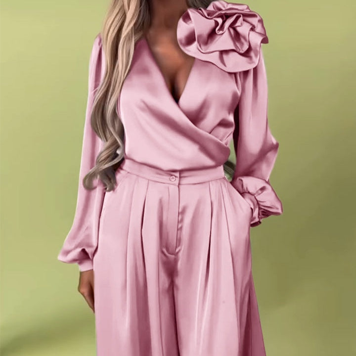 Prabangus komplektas su atlasiniais marškiniais ir plačiomis kelnėmis-LT