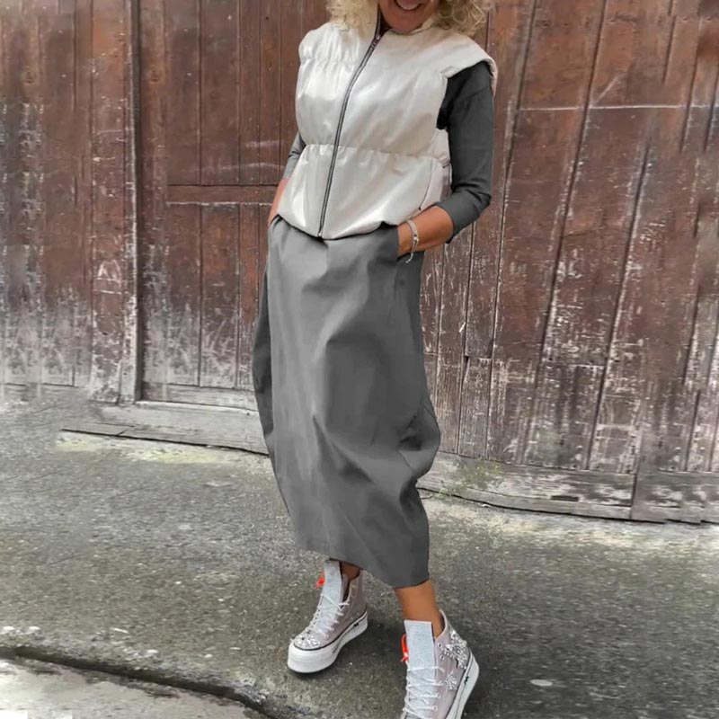 Paprasta elegantiška suknelė moterims su kišenėmis-LT