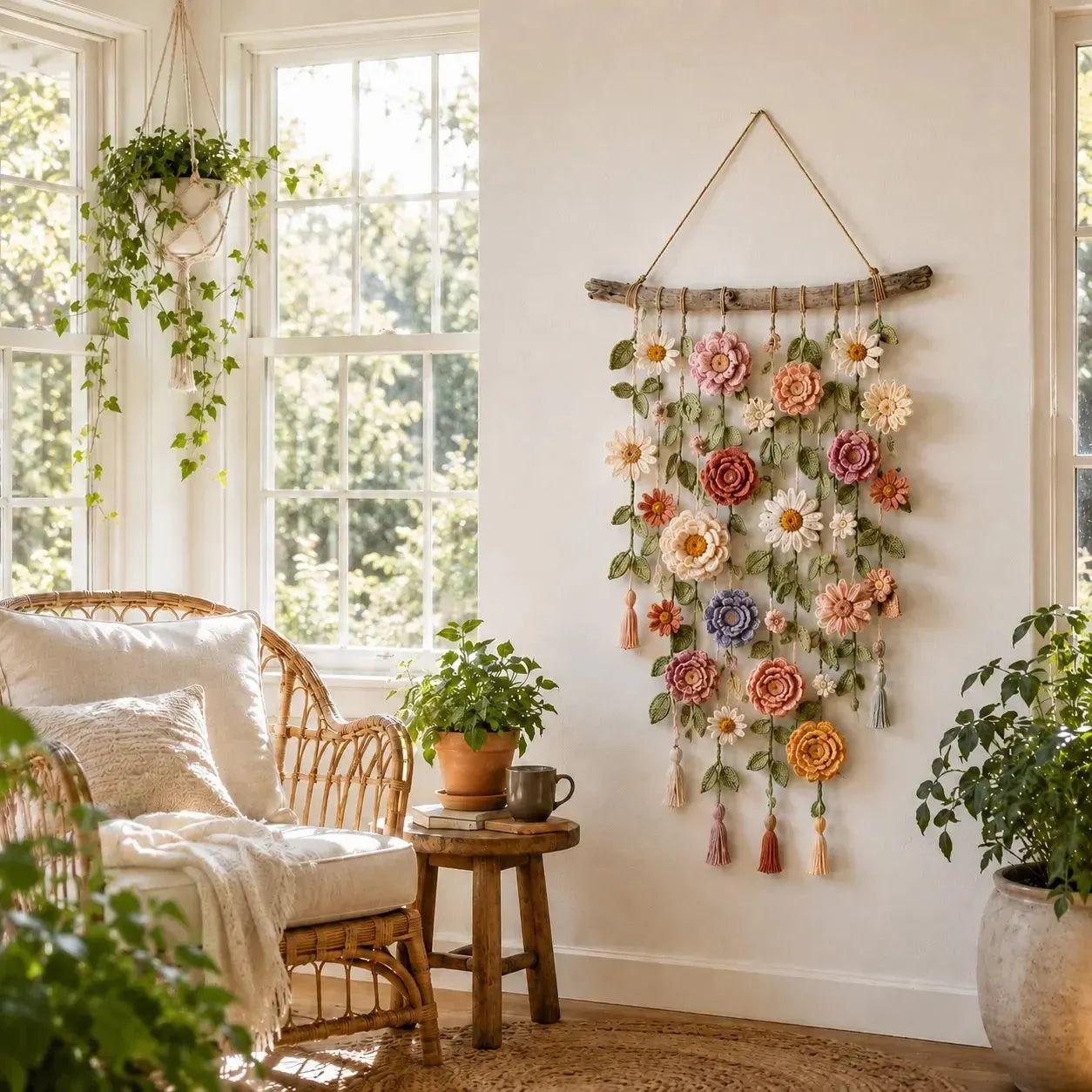 🌸Boho szydełkowa dekoracja ścienna z kwiatami