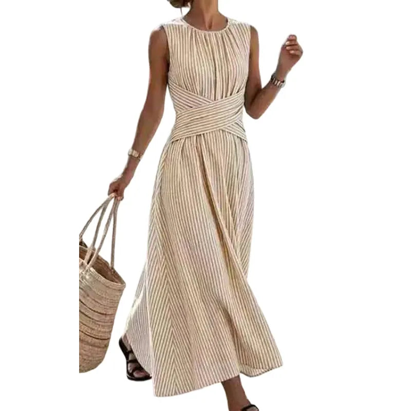 👗OGRANICZONA CZASOWO ZNIŻKA 50%! Damska sukienka maxi bez rękawów w paski podkreślająca talię