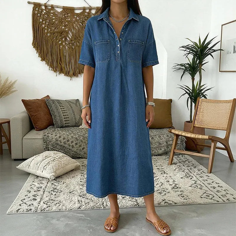 👗 TERAZ 60% ZNIŻKI! 👖 Sukienka koszulowa midi z jeansu z kieszeniami – Miękki jeans i luźny krój – Funkcjonalne kieszenie, idealna na co dzień – wygodna i uniwersalna ✨🌸