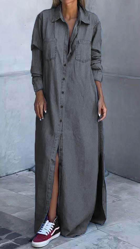 Džinsinė suknelė ilgomis rankovėmis ir atlapais-LT