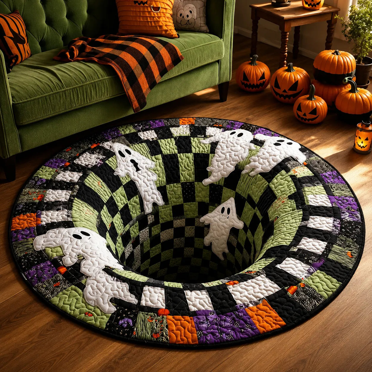 🔥Ostatnia wyprzedaż🎃Pikowany okrągły dywan na Halloween z trójwymiarowym szkieletem i spiralą