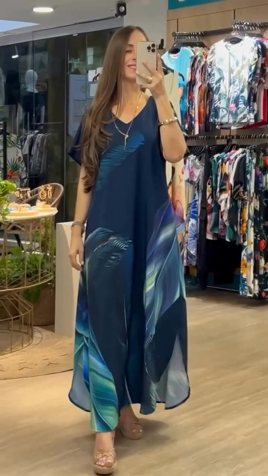 Γυναικείο χαλαρό, casual φόρεμα με V ντεκολτέ, τύπωμα και κοντά μανίκια-GR