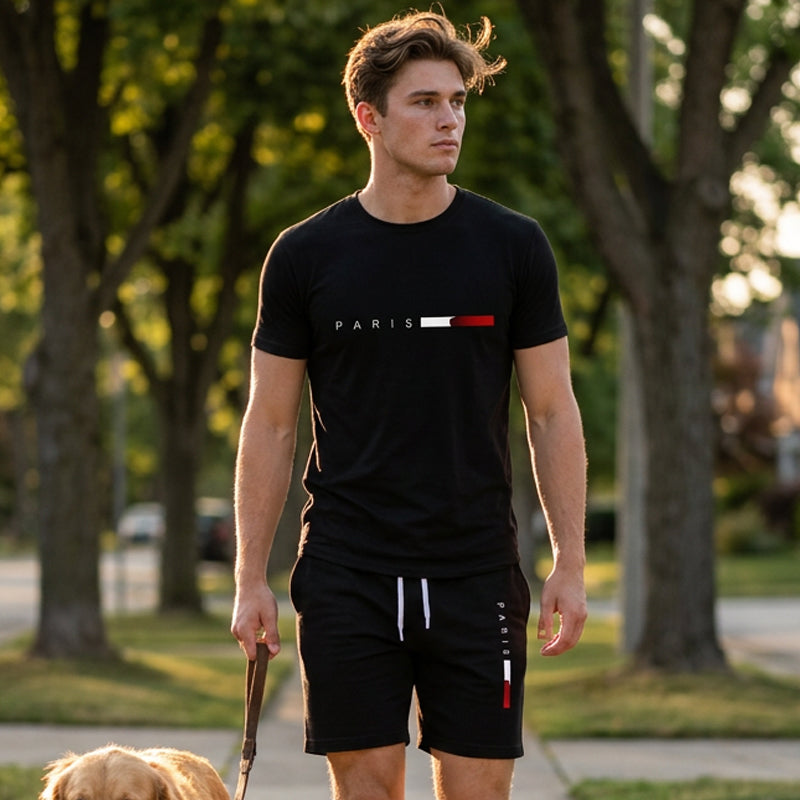 👕 30% ZNIŻKI TERAZ! ⏰ Dwuczęściowy męski komplet z nadrukiem – Miękki i przewiewny – Luźny krój, idealny na letni relaks lub codzienne wyjścia – W komplecie top i szorty 🩳