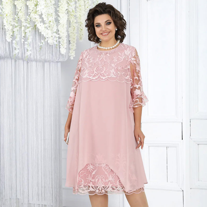 Moteriška laisva nėriniuota midi suknelė-LT