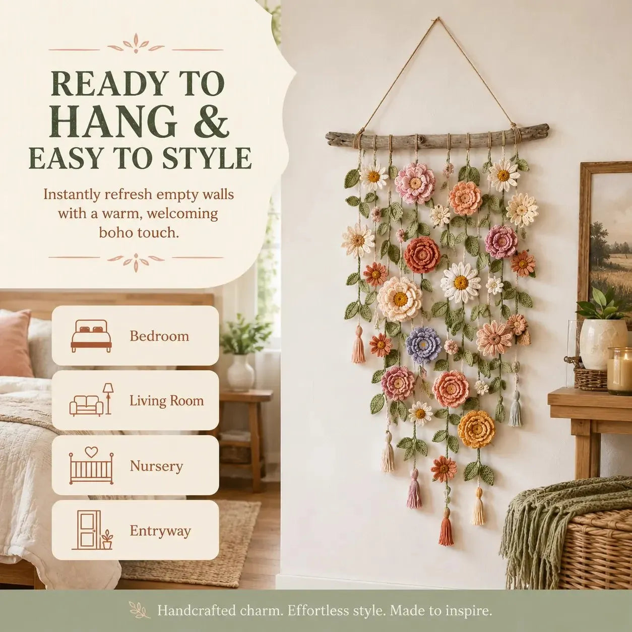 🌸Boho szydełkowa dekoracja ścienna z kwiatami