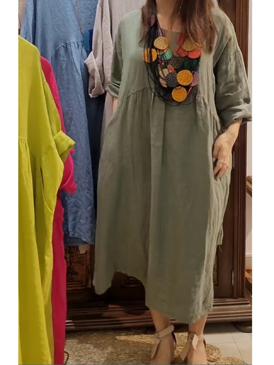 Moteriška medvilninė ir lininė suknelė su kišenėmis-LT
