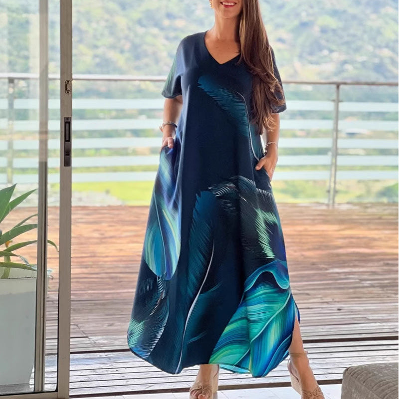 Moteriška laisva, kasdieniška suknelė V formos iškirpte, raštu ir trumpomis rankovėmis-LT