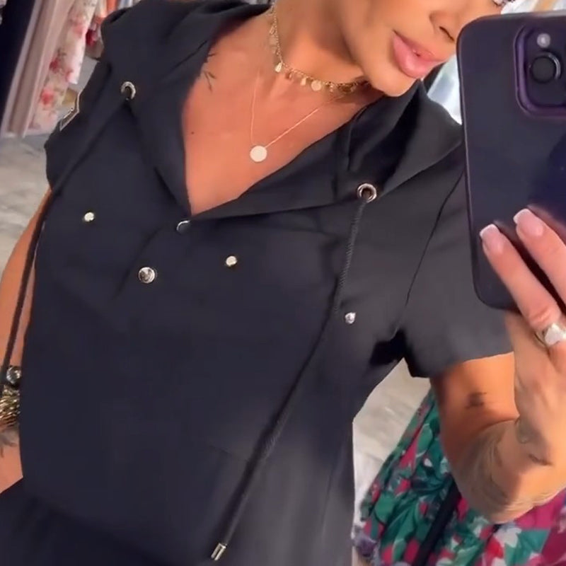 Palaidinė su gobtuvu ir V formos iškirpte, trumpomis rankovėmis, kelnėmis, dviejų dalių komplektas-LT