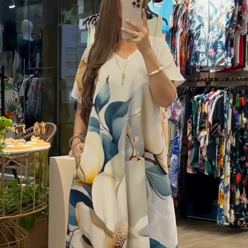 👗 Długa sukienka damska z nadrukiem i dekoltem w serek