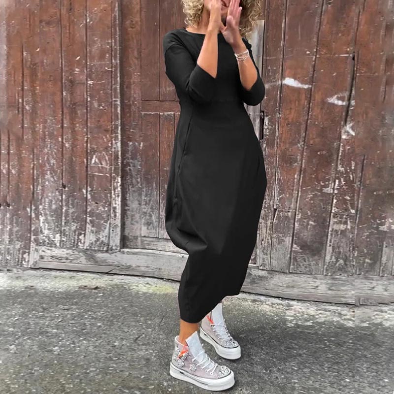 Paprasta elegantiška suknelė moterims su kišenėmis-LT