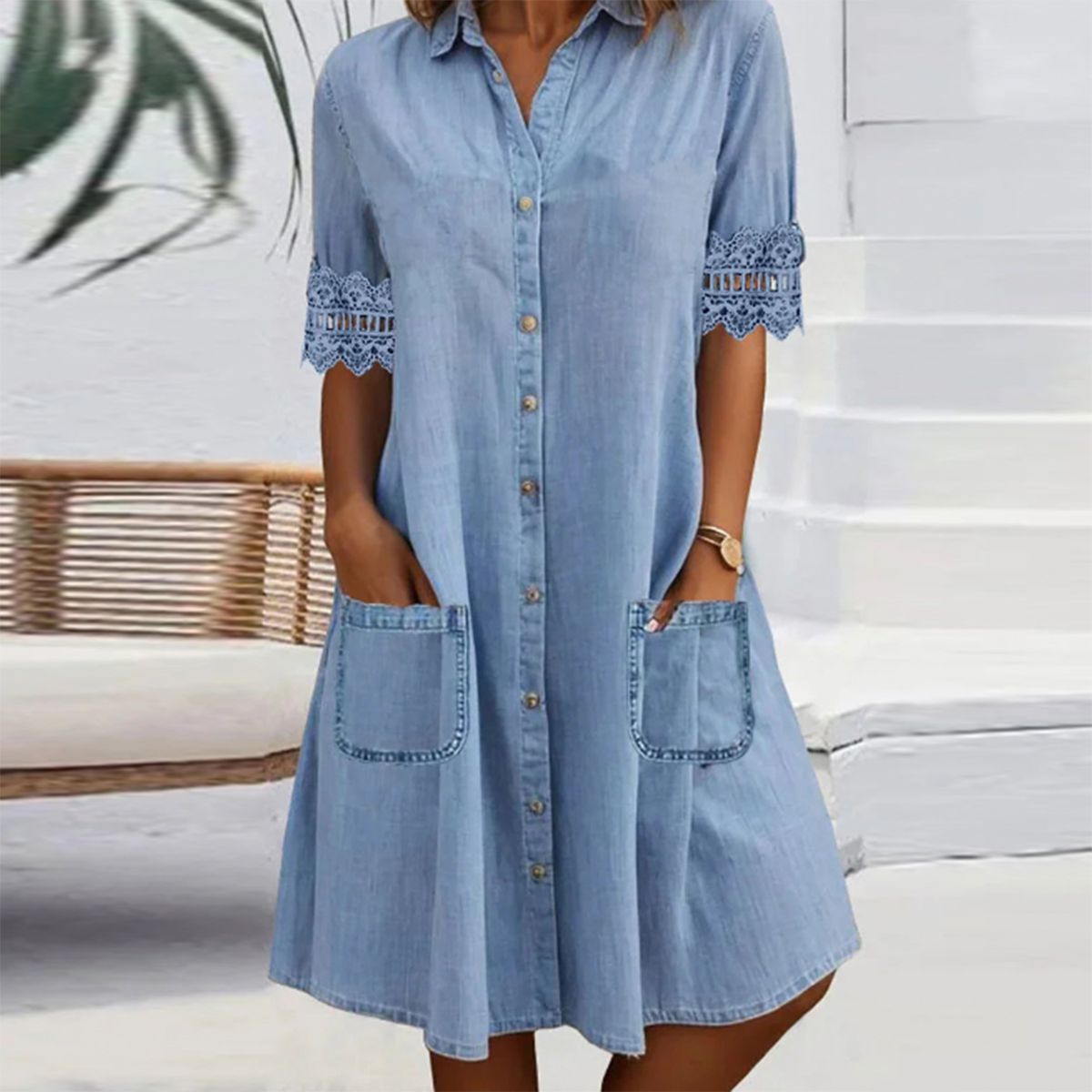 ⏳Niebieska prosta sukienka z kołnierzykiem i koronkowym wykończeniem w stylu jeansowym Mini