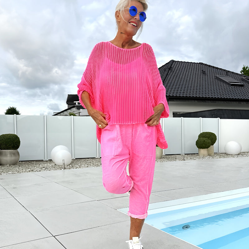 🌸Γυναικεία ολόσωμη φόρμα + φαρδύ τοπ με λαιμόκοψη-LT 