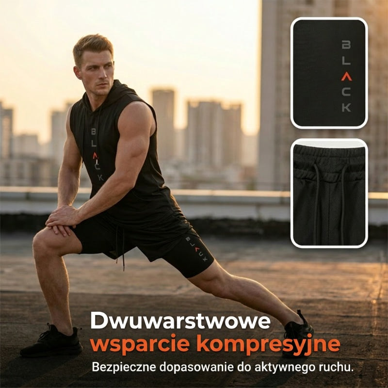 Męski sportowy komplet – bezrękawnik z kapturem i szorty