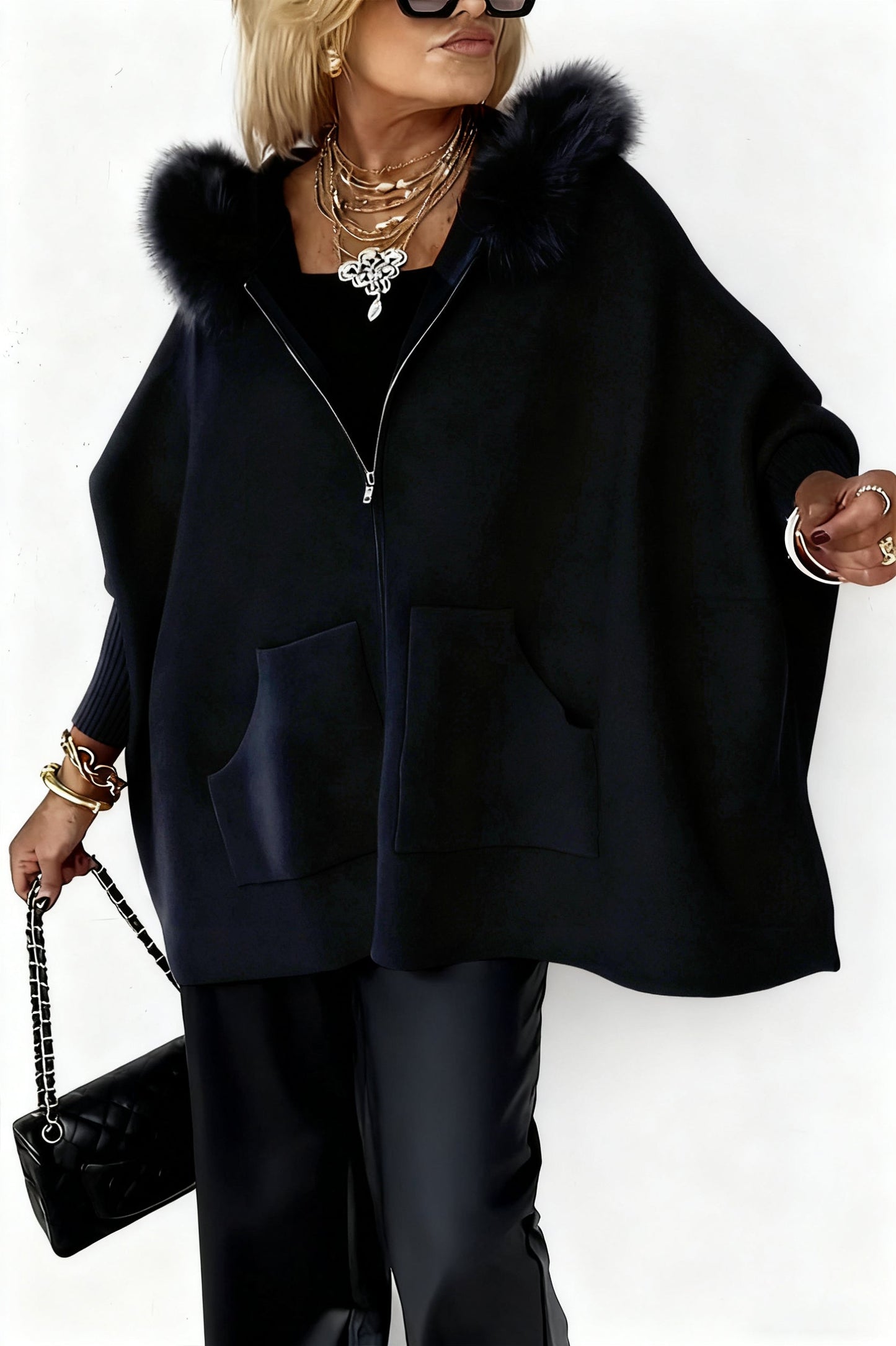 Moteriškas laisvalaikio švarkas su vienspalve kailine apykakle-LT