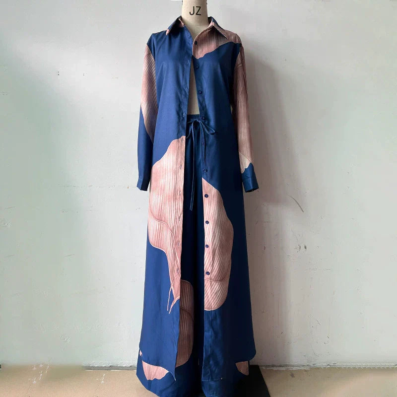 🌼Ilgi marškiniai su susuktomis sagomis ir raišteliu kelnių komplektas-LT