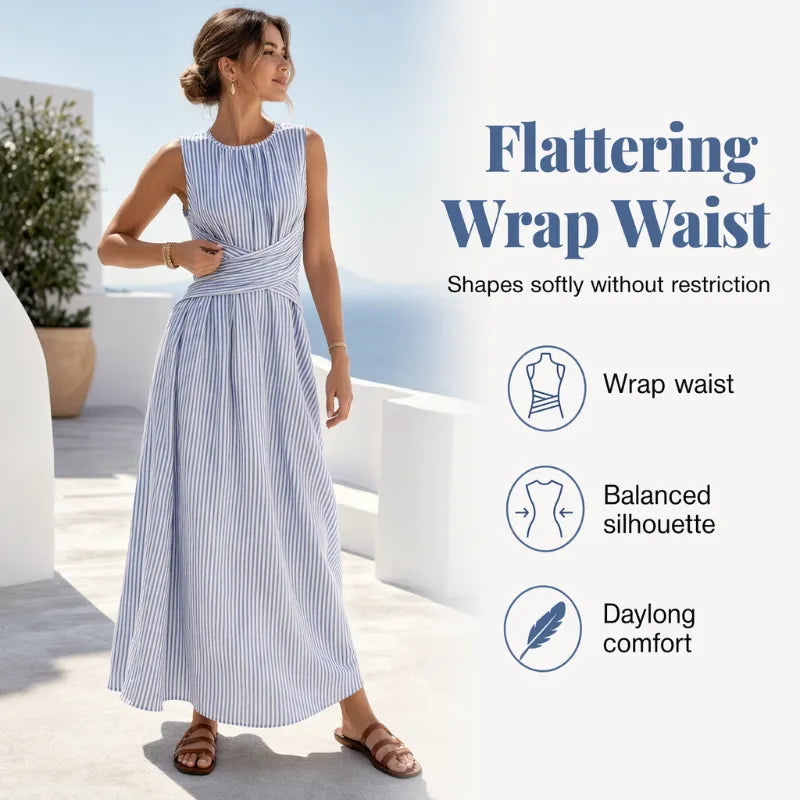 👗OGRANICZONA CZASOWO ZNIŻKA 50%! Damska sukienka maxi bez rękawów w paski podkreślająca talię