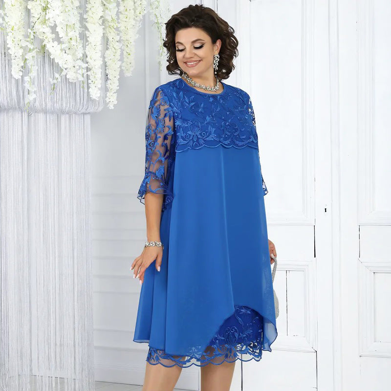 Moteriška laisva nėriniuota midi suknelė-LT