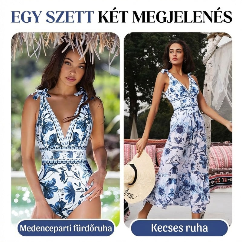 【🌊Komplet 2-częściowy】Kostium kąpielowy jednoczęściowy z koronkowym nadrukiem i dekoltem w serek oraz spódnicą