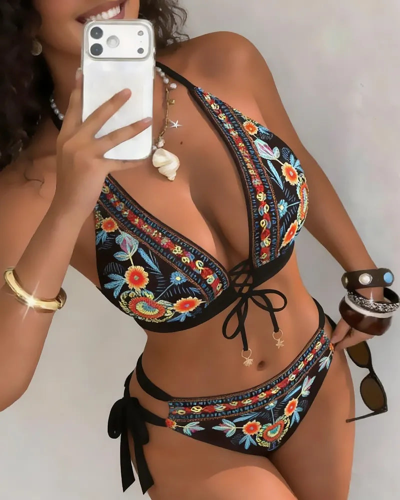 Komplet bikini dla kobiet w stylu etnicznym z kwiatowym nadrukiem