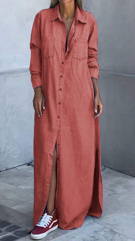 Džinsinė suknelė ilgomis rankovėmis ir atlapais-LT