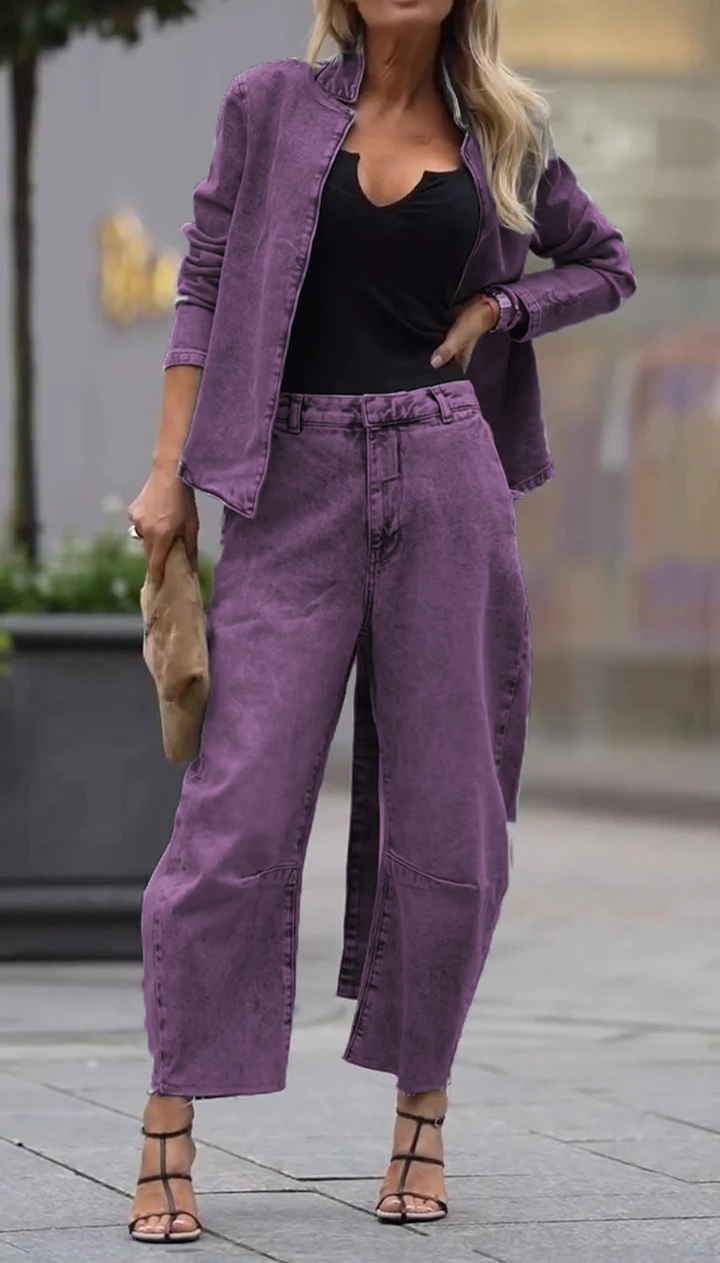 Moteriškas apvalios iškirptės paltas ir kelnės laisvalaikio komplekte-LT