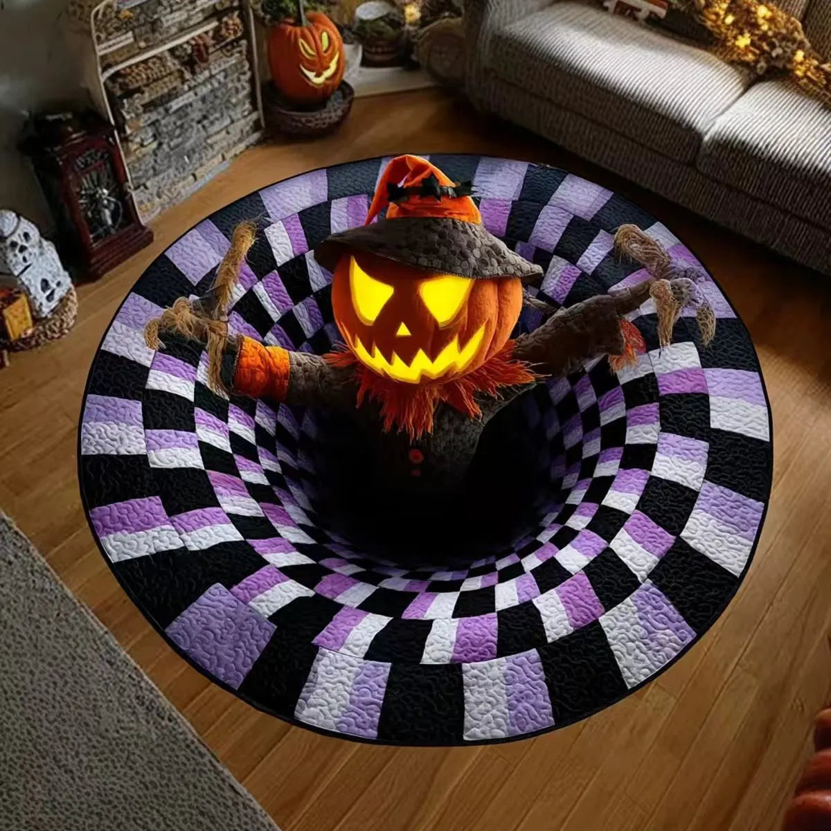 🔥Ostatnia wyprzedaż🎃Pikowany okrągły dywan na Halloween z trójwymiarowym szkieletem i spiralą