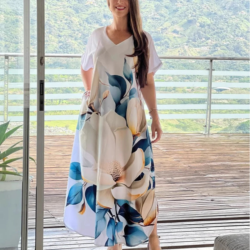 Moteriška laisva, kasdieniška suknelė V formos iškirpte, raštu ir trumpomis rankovėmis-LT