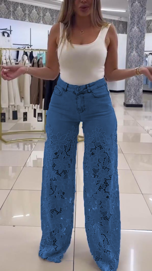 Moteriški elegantiški nėriniuoti džinsai-LT