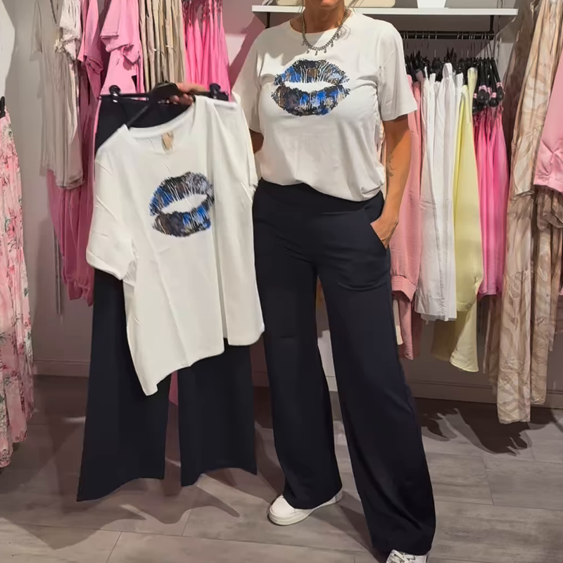 Ženski dvodelni komplet s potiskom, topom in hlačami-SI