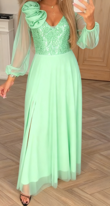 Suknelė su nėriniuotomis rankovėmis, blizgučiais ir gėlių dekoracijomis.-LT