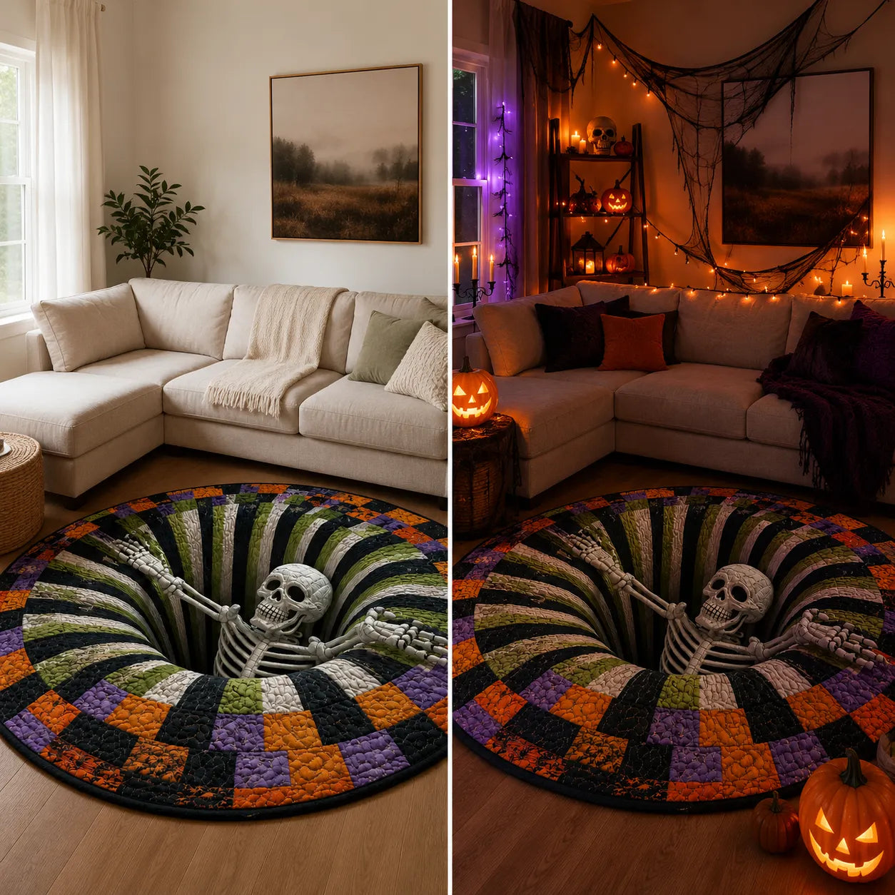 🔥Ostatnia wyprzedaż🎃Pikowany okrągły dywan na Halloween z trójwymiarowym szkieletem i spiralą