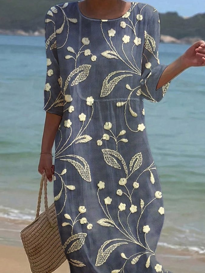 Ženska enobarvna obleka iz bombaža in lana z okroglim izrezom in polcvetličnim vzorcem-SI