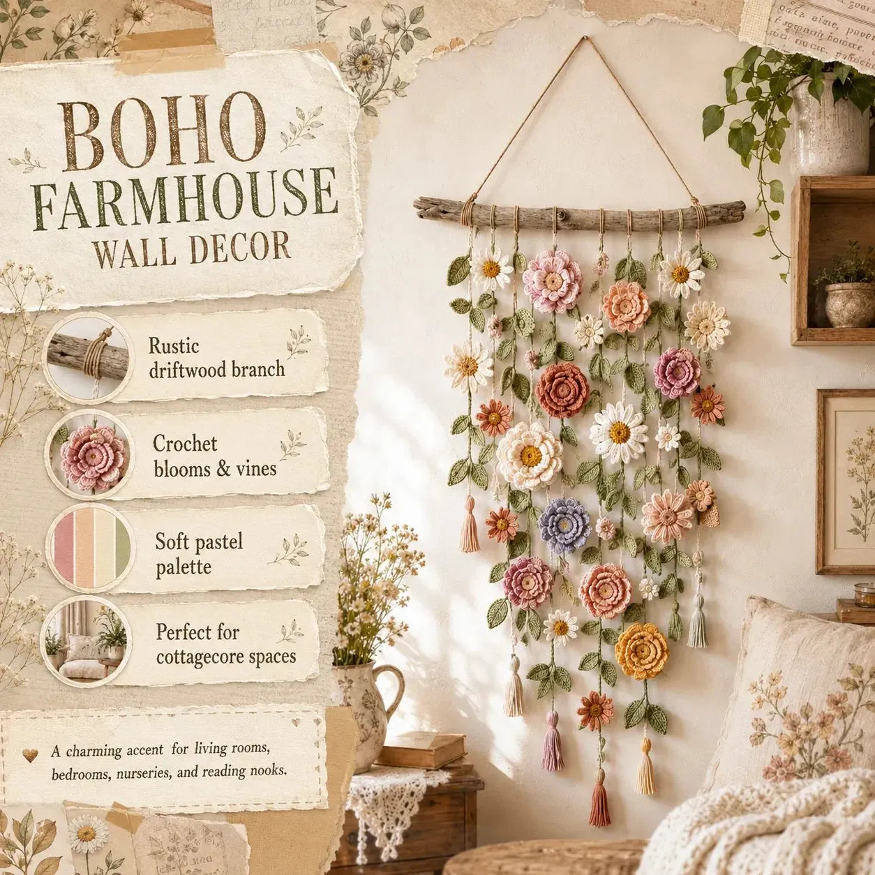 🌸Boho szydełkowa dekoracja ścienna z kwiatami