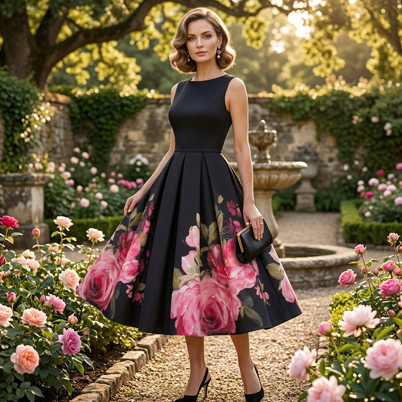 🌸Elegancka, bezrękawa, sukienka midi w kształcie litery A z kwiatowym nadrukiem👗❤️